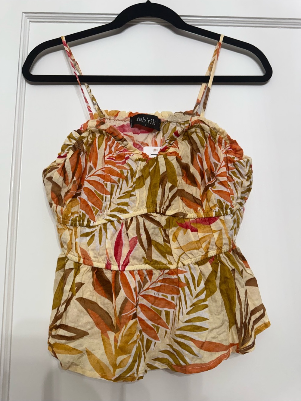 fab'rik Tropical Leaf Smocked Peplum Cami Top - Size L